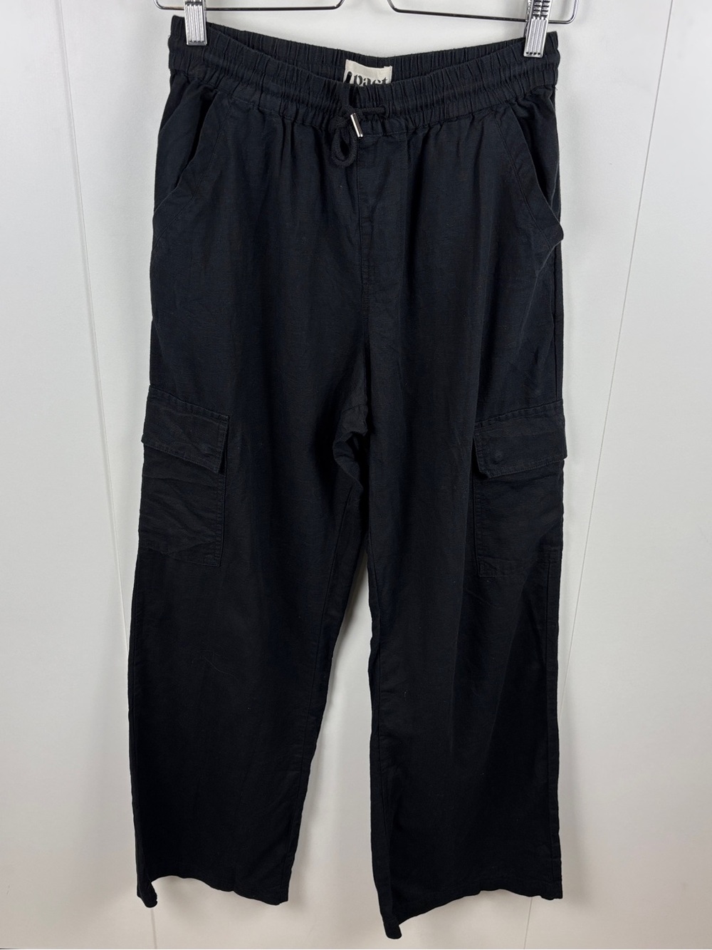 Pact Wide Leg Black Cargo Pants sz M Organic Cotton Hemp Drawstring Trousers
